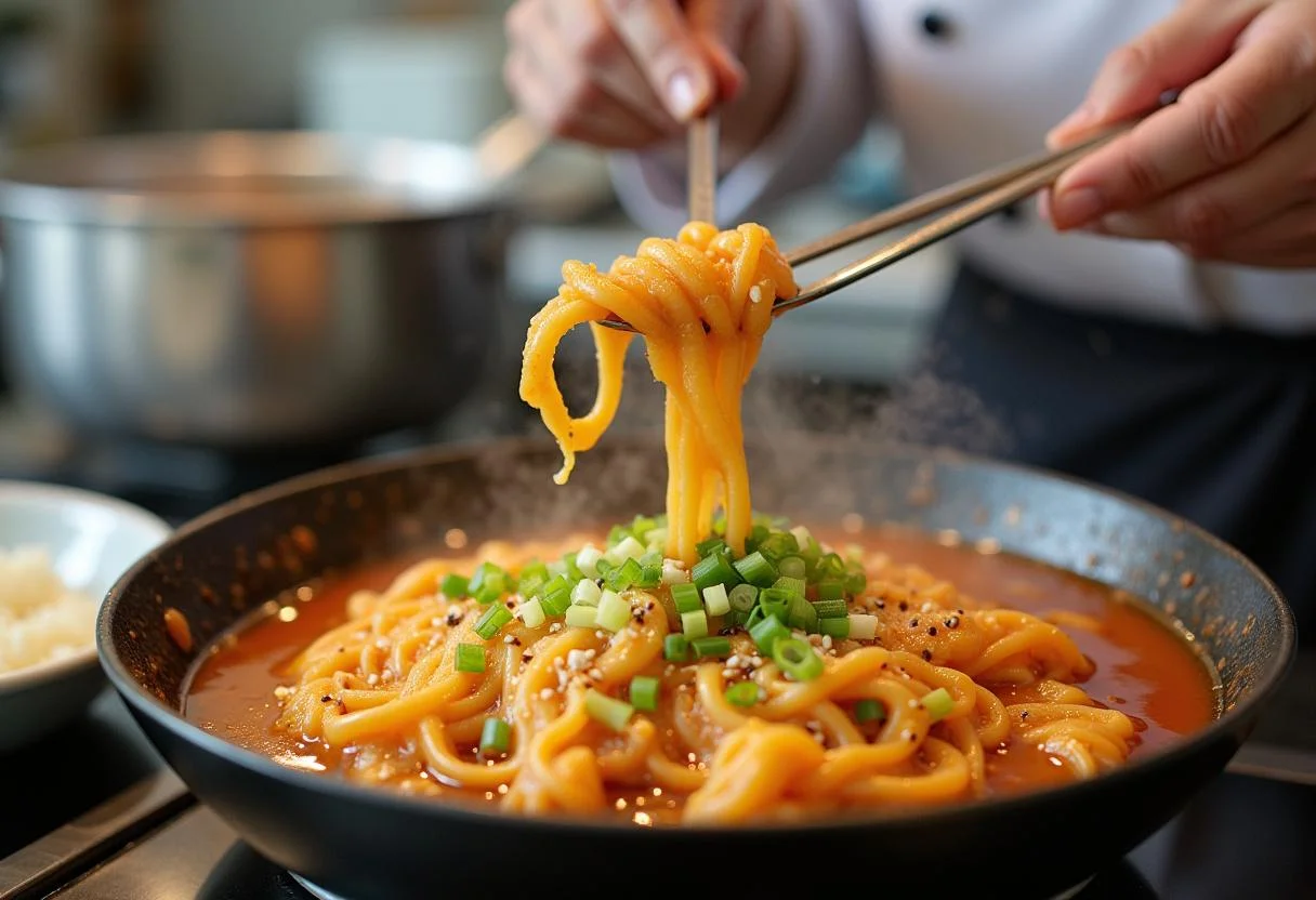 Garnishing Squid Game Tug-of-War Tteokbokki with green onions and sesame for a flavorful finish, cooking scene filled with vibrant colors.