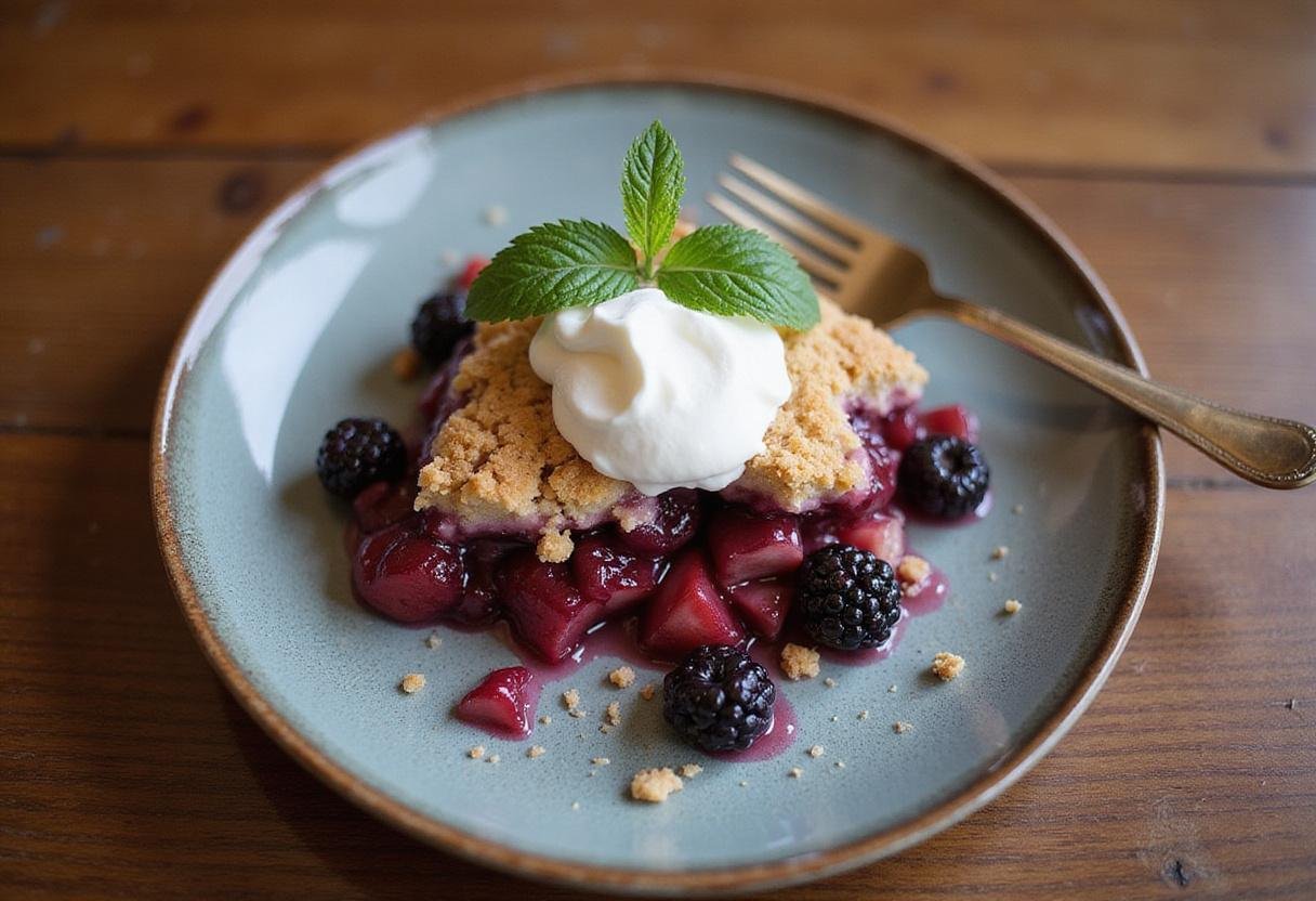 Delicious Stranger Things Barb's Backyard Berry Crumble served on a plate with whipped cream, ready to enjoy, highlighting the vibrant colors and texture of the dessert.