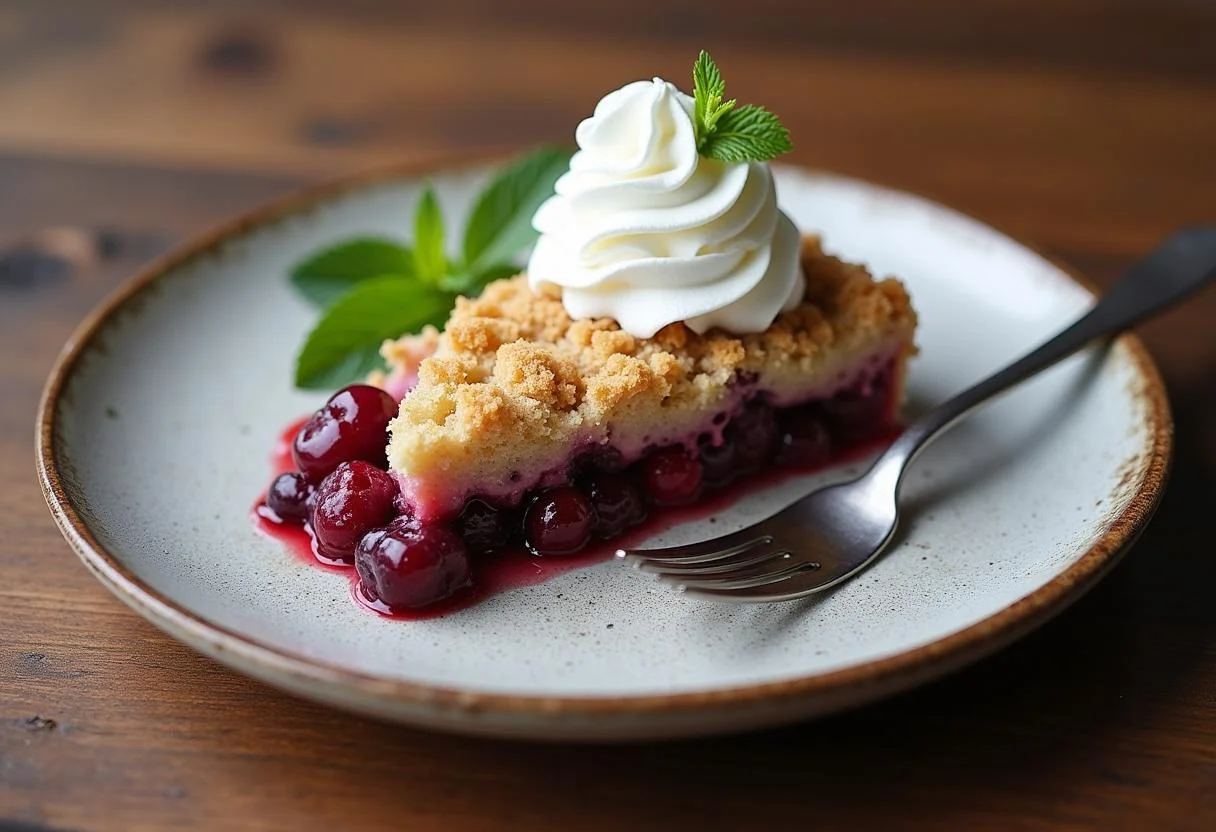 Delicious Stranger Things Barb's Backyard Berry Crumble served on a plate with whipped cream, ready to enjoy, highlighting the vibrant colors and texture of the dessert.