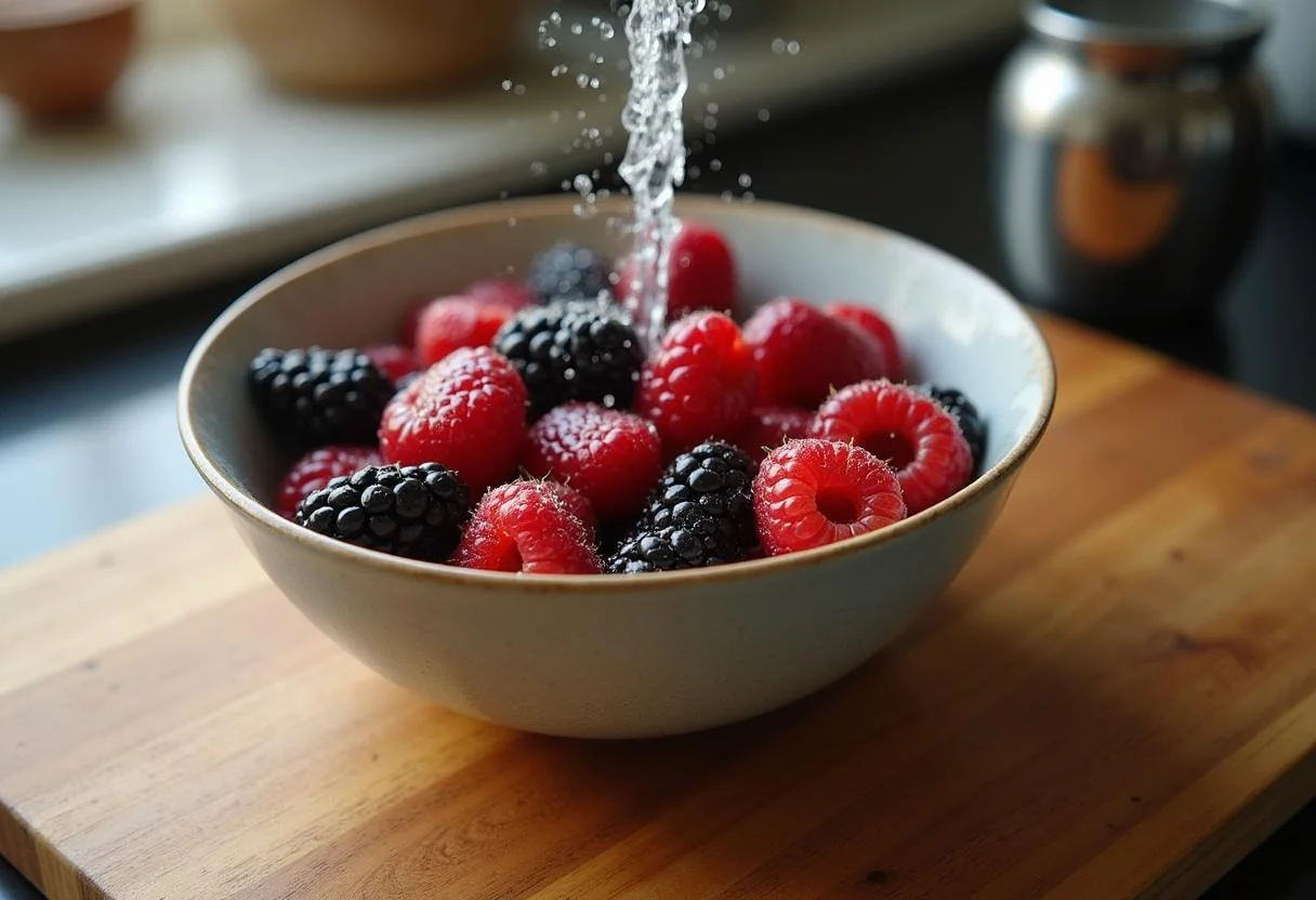 Fresh mixed berries for Stranger Things Barb's Backyard Berry Crumble, showcasing strawberries, blueberries, and raspberries washed and ready for baking.