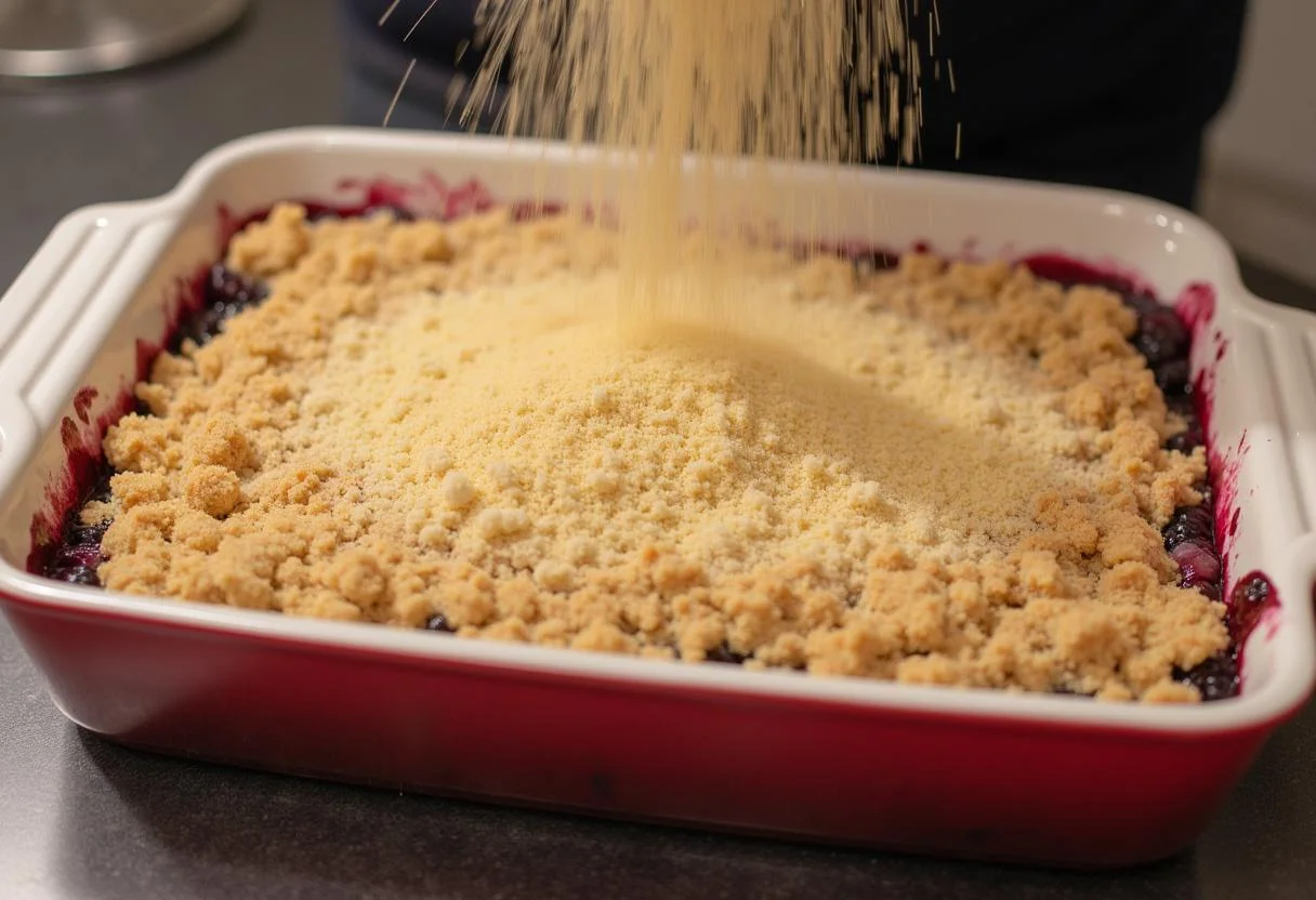 Berry layer neatly arranged in a baking dish for Stranger Things Barb's Backyard Berry Crumble, ready to be topped with a crumbly mixture.