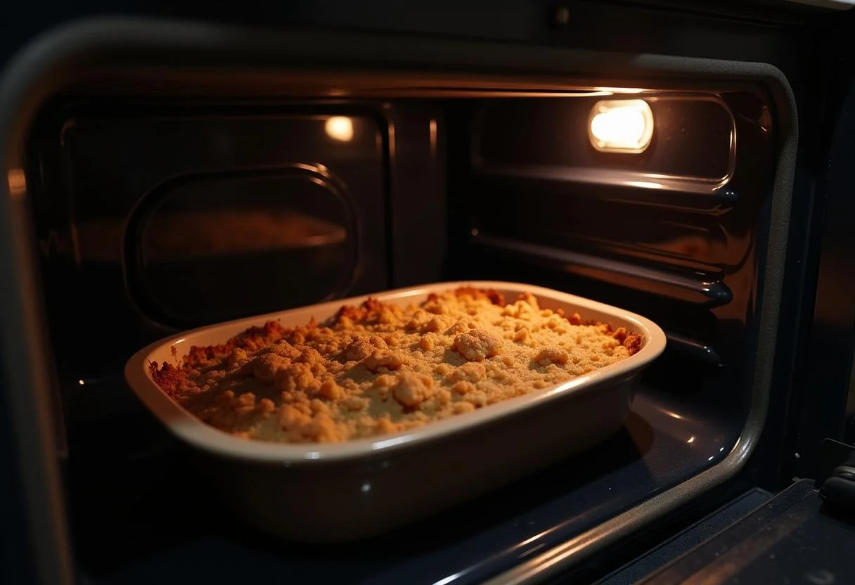 Stranger Things Barb's Backyard Berry Crumble baking in the oven, filling the kitchen with a warm, inviting aroma before being served.