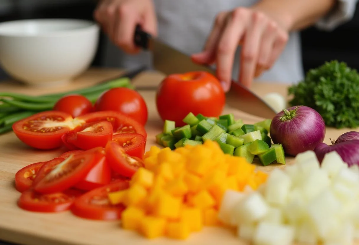 Fresh vegetables being diced for Stranger Things Demogorgon Demogorgon Dip, including bell peppers and onions.