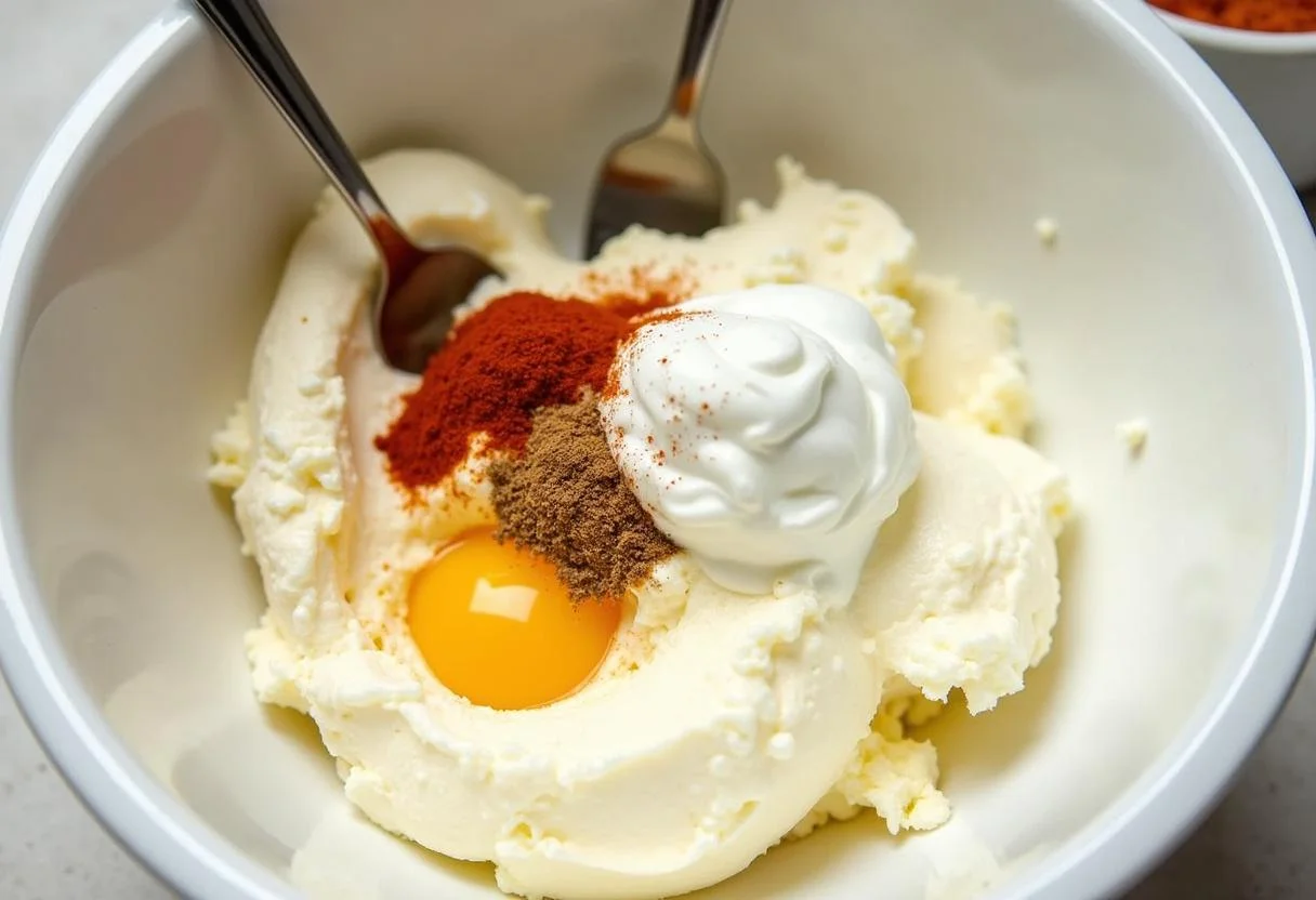 Creamy mixture of sour cream and spices being prepared for Stranger Things Demogorgon Demogorgon Dip in a cheerful kitchen.