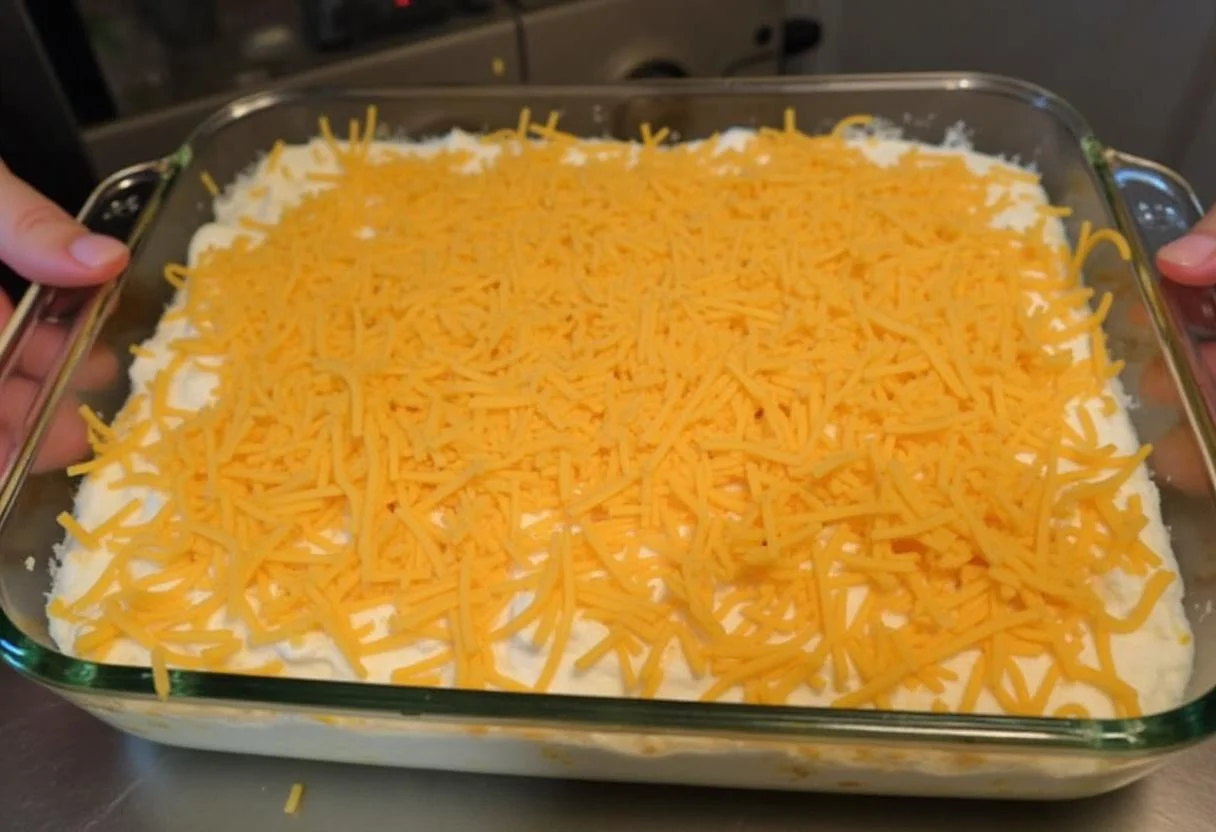 Prepared Demogorgon Dip in a baking dish, topped with cheese, ready for baking to create a delicious Stranger Things appetizer.