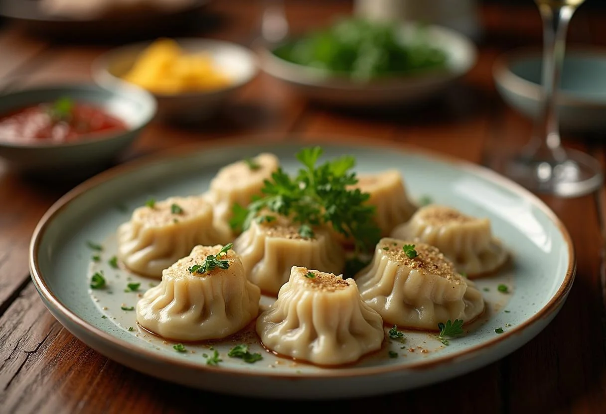 Deliciously served Stranger Things Dustin's DandD Dumplings on a plate, showcasing the final presentation and enticing garnishes for a perfect dining experience.