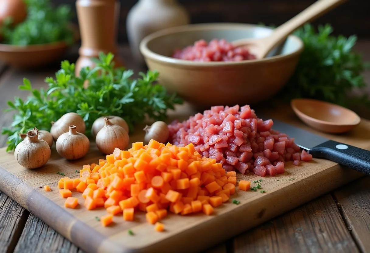 Chopped vegetables and ground meat for Stranger Things Dustin's DandD Dumplings preparation, showcasing fresh ingredients and cooking tools.