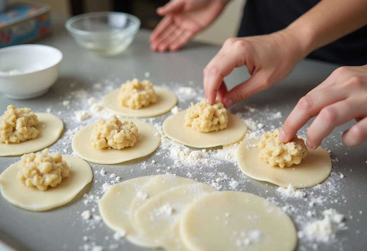 Assembling Stranger Things Dustin's DandD Dumplings with filling on a floured surface, capturing the traditional dumpling-making technique and fresh ingredients.