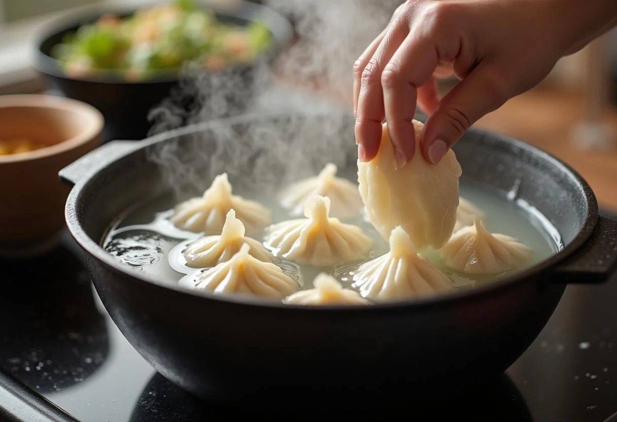 Cooking Stranger Things Dustin's DandD Dumplings in boiling water, illustrating the final steps of the cooking process with a focus on the pot and the dumplings.