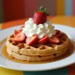 The final presentation of Eleven's Eggo Waffle Extravaganza, featuring a delectable plate of Eggo waffles topped with whipped cream and strawberries in a retro kitchen.
