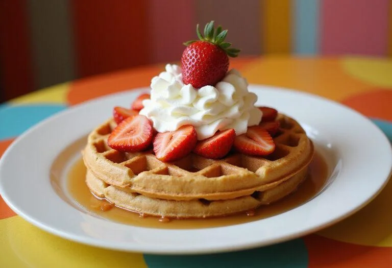 The final presentation of Eleven's Eggo Waffle Extravaganza, featuring a delectable plate of Eggo waffles topped with whipped cream and strawberries in a retro kitchen.