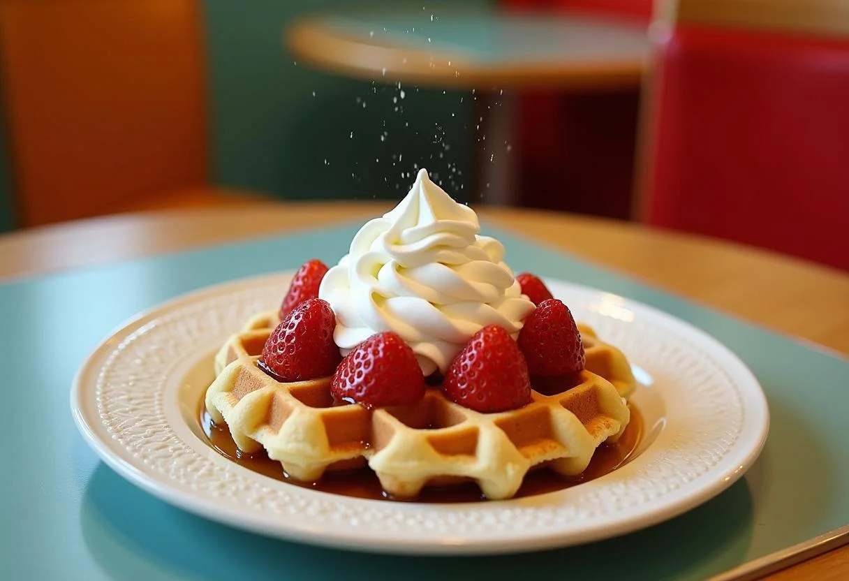The final presentation of Eleven's Eggo Waffle Extravaganza, featuring a delectable plate of Eggo waffles topped with whipped cream and strawberries in a retro kitchen.
