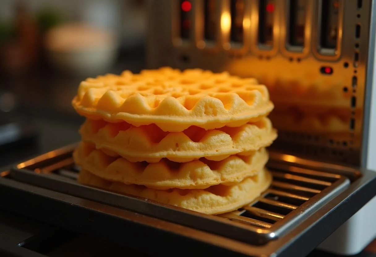 Toasting Eggo waffles in a cozy kitchen inspired by Stranger Things atmosphere, perfect for Eleven's Eggo Waffle Extravaganza.