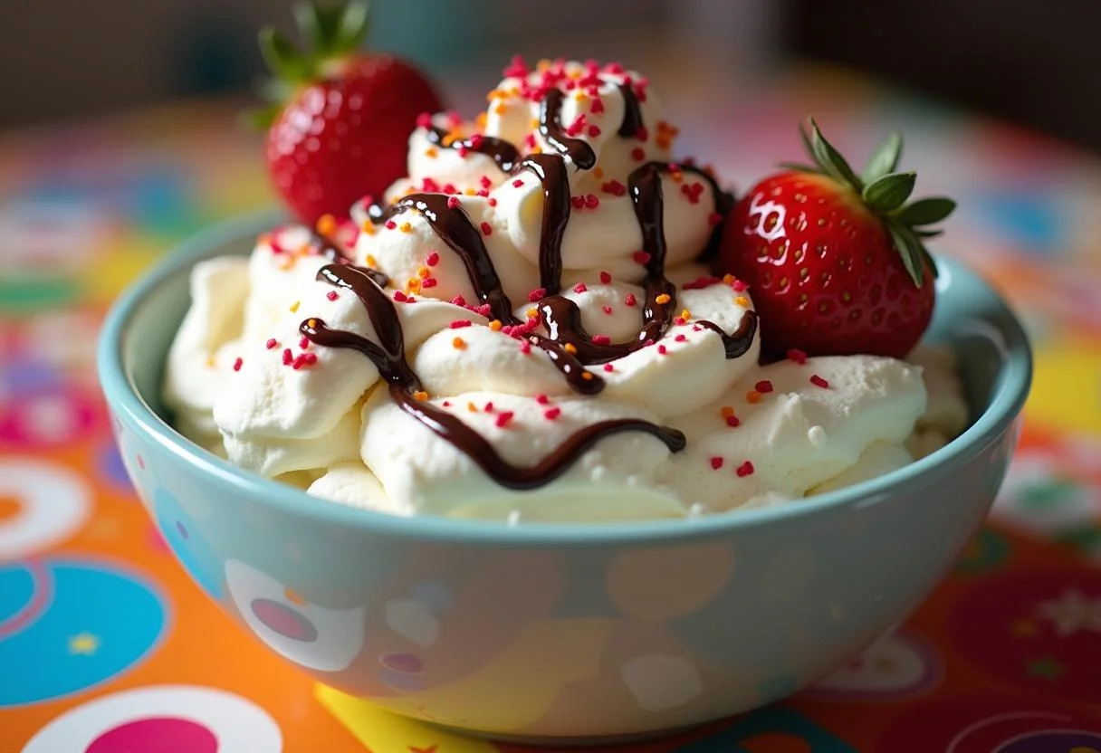 Mixing delicious toppings for Eleven's Eggo Waffle Extravaganza, featuring whipped cream, strawberries, and more in a vibrant kitchen setting.
