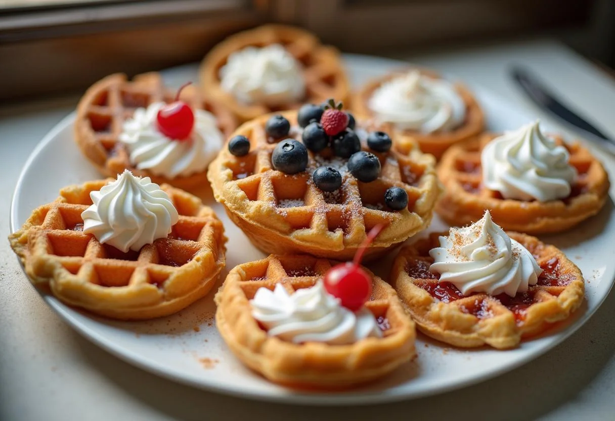 Artfully arranged Eggo waffles with whipped cream and toppings, ready for Eleven's Waffle Extravaganza in a fun and inviting kitchen.