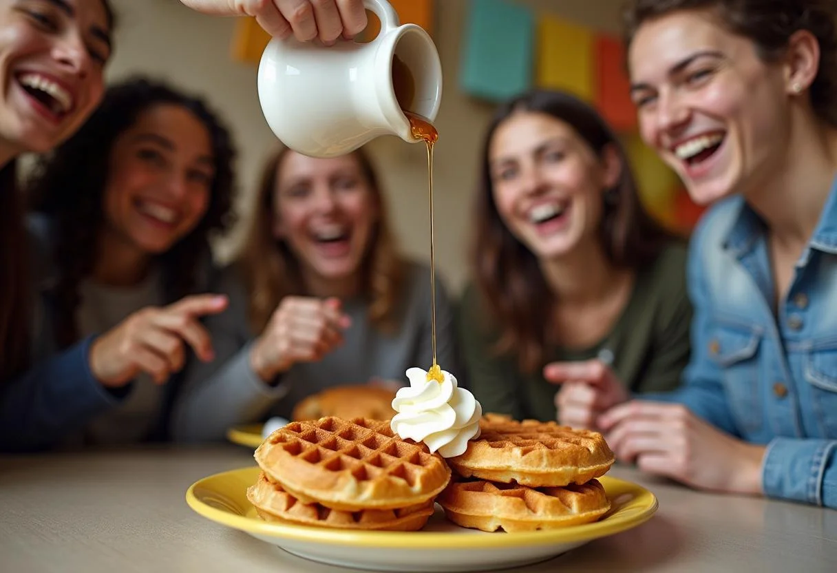 Pouring maple syrup over a delicious plate of Eggo waffles, celebrating Stranger Things Eleven's Eggo Waffle Extravaganza with friends in a lively kitchen.