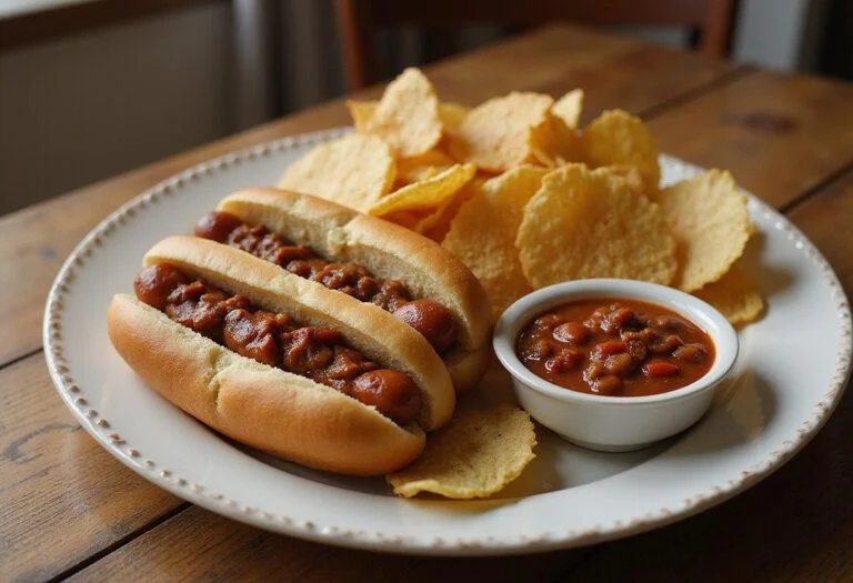 Final display of Stranger Things Hawkins High School Hawkin' Dogs with chips and chili, creating an inviting dining experience.
