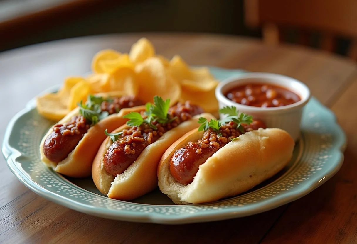 Final display of Stranger Things Hawkins High School Hawkin' Dogs with chips and chili, creating an inviting dining experience.