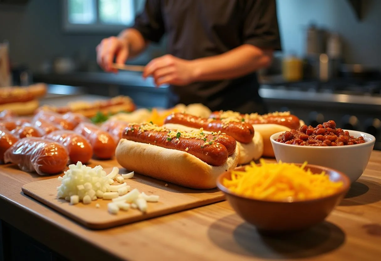 Preparation for Stranger Things Hawkins High School Hawkin' Dogs with sausages, buns, chili, cheese, and onions in a cozy kitchen.