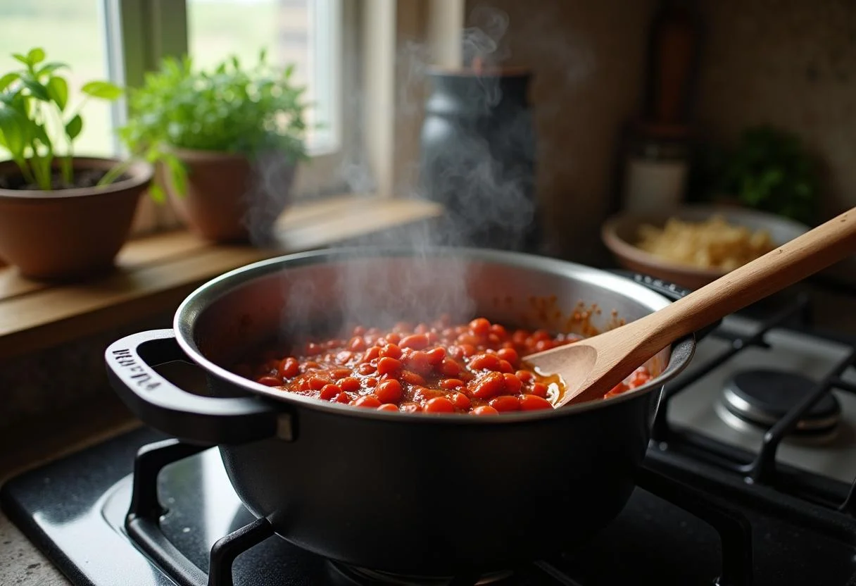 Cooking chili for Hawkin' Dogs in a warm kitchen setting, highlighting the comforting process of meal preparation.