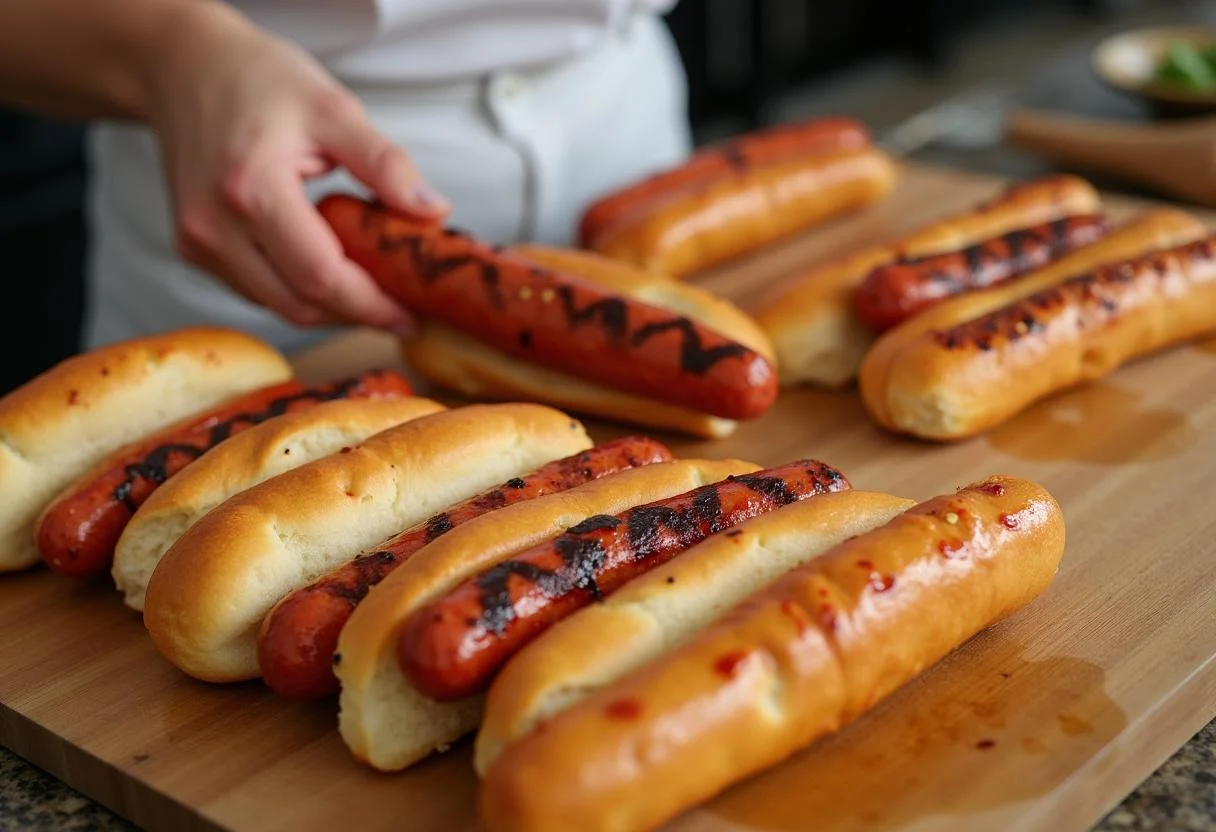 Assembling Stranger Things Hawkin' Dogs with juicy grilled sausages in soft buns, a delicious sight for fans of the iconic series.