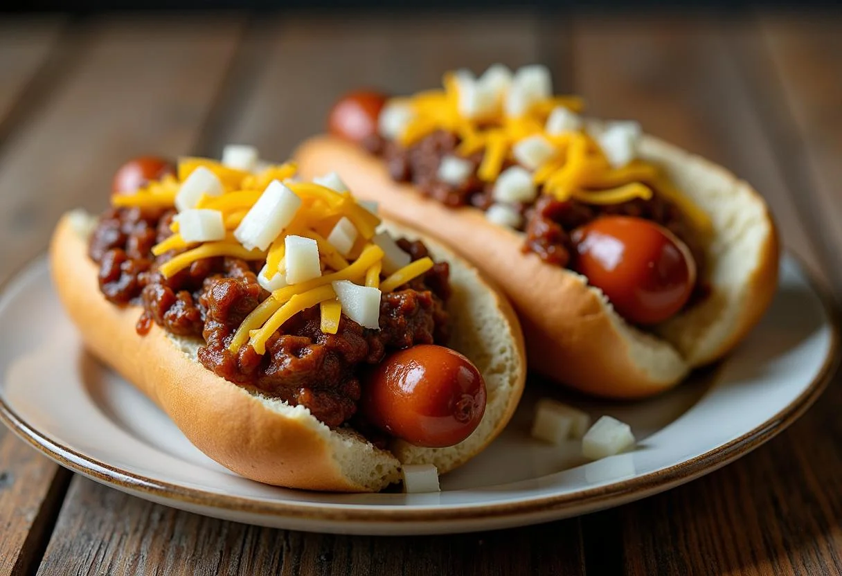 Delicious final presentation of Hawkin' Dogs topped with chili, cheese, and onions, showcasing a perfect dish inspired by Stranger Things.