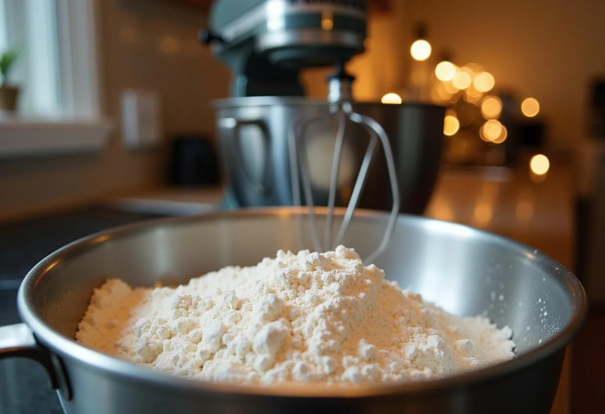 Preparation of Stranger Things Joyce Byers' Christmas Light Cookies with flour, sugar, and baking soda in a festive kitchen.
