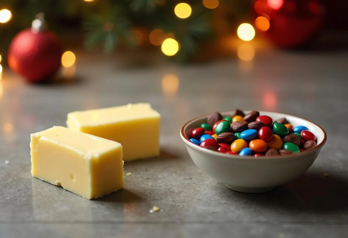 Gathering ingredients for Stranger Things Joyce Byers' Christmas Light Cookies, featuring rich butter, eggs, and chocolate chips in a holiday-themed kitchen.
