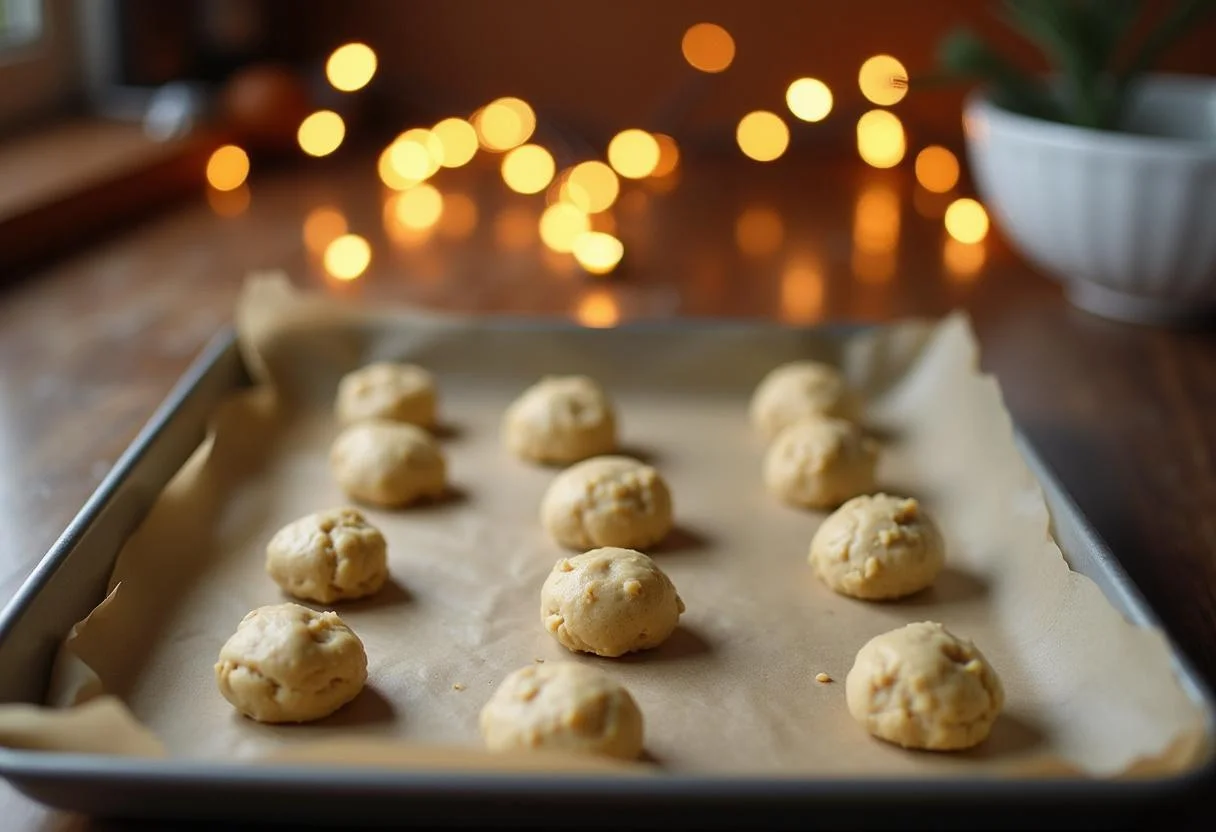 Shaping cookie dough for Stranger Things Joyce Byers' Christmas Light Cookies, set against a backdrop of festive Christmas lights.