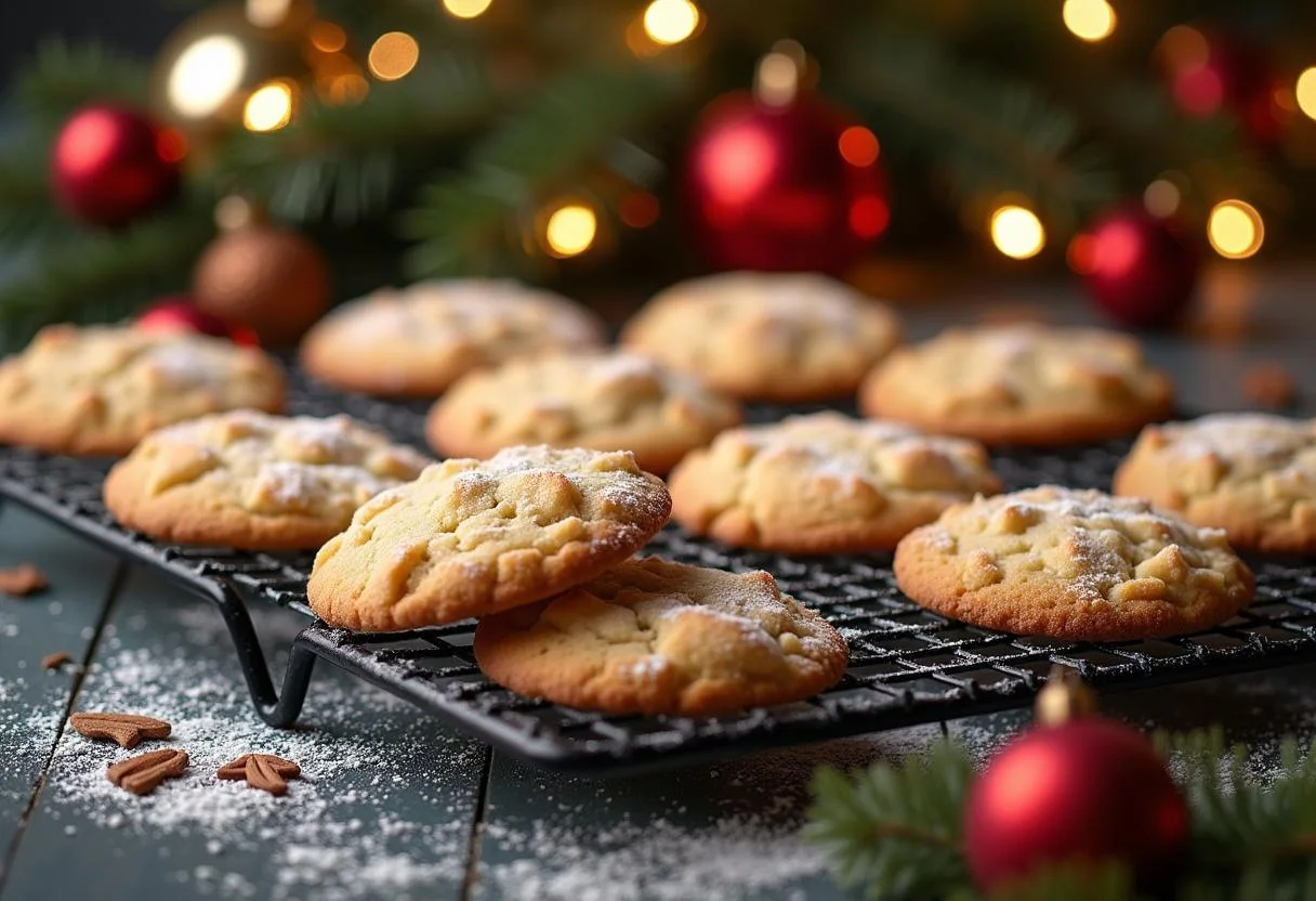 Freshly baked Stranger Things Joyce Byers' Christmas Light Cookies cooling on a rack, decorated with powdered sugar and holiday charms.
