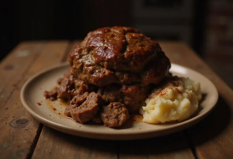 Completed Stranger Things Mind Flayer Meatloaf presented on a wooden table, served with mashed potatoes, capturing the essence of the iconic dish.