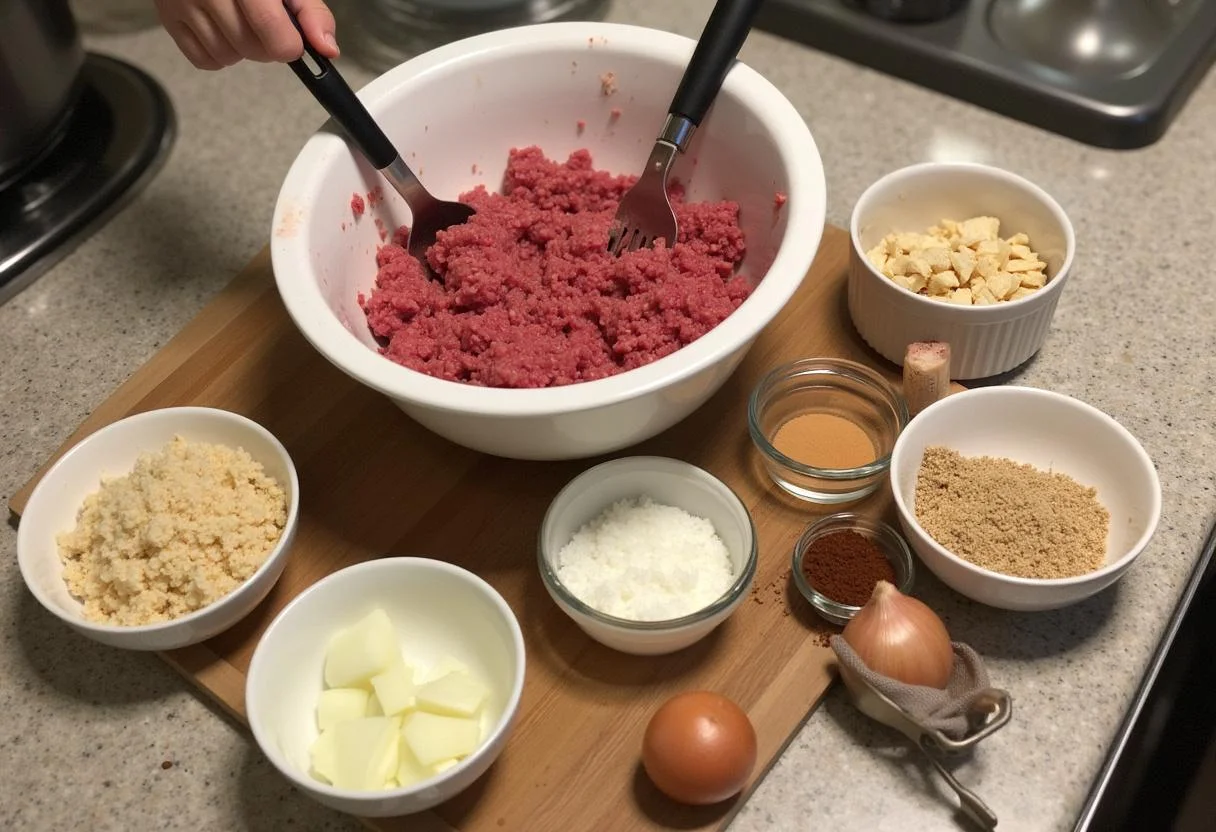 Preparing ingredients for Stranger Things Mind Flayer Meatloaf with ground beef, breadcrumbs, and spices organized on a kitchen counter.