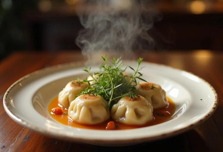 Delicious and steaming Sweeney Todd Johnny Depp's Demon Barber's Delightful Dumplings served on a plate, garnished with herbs.