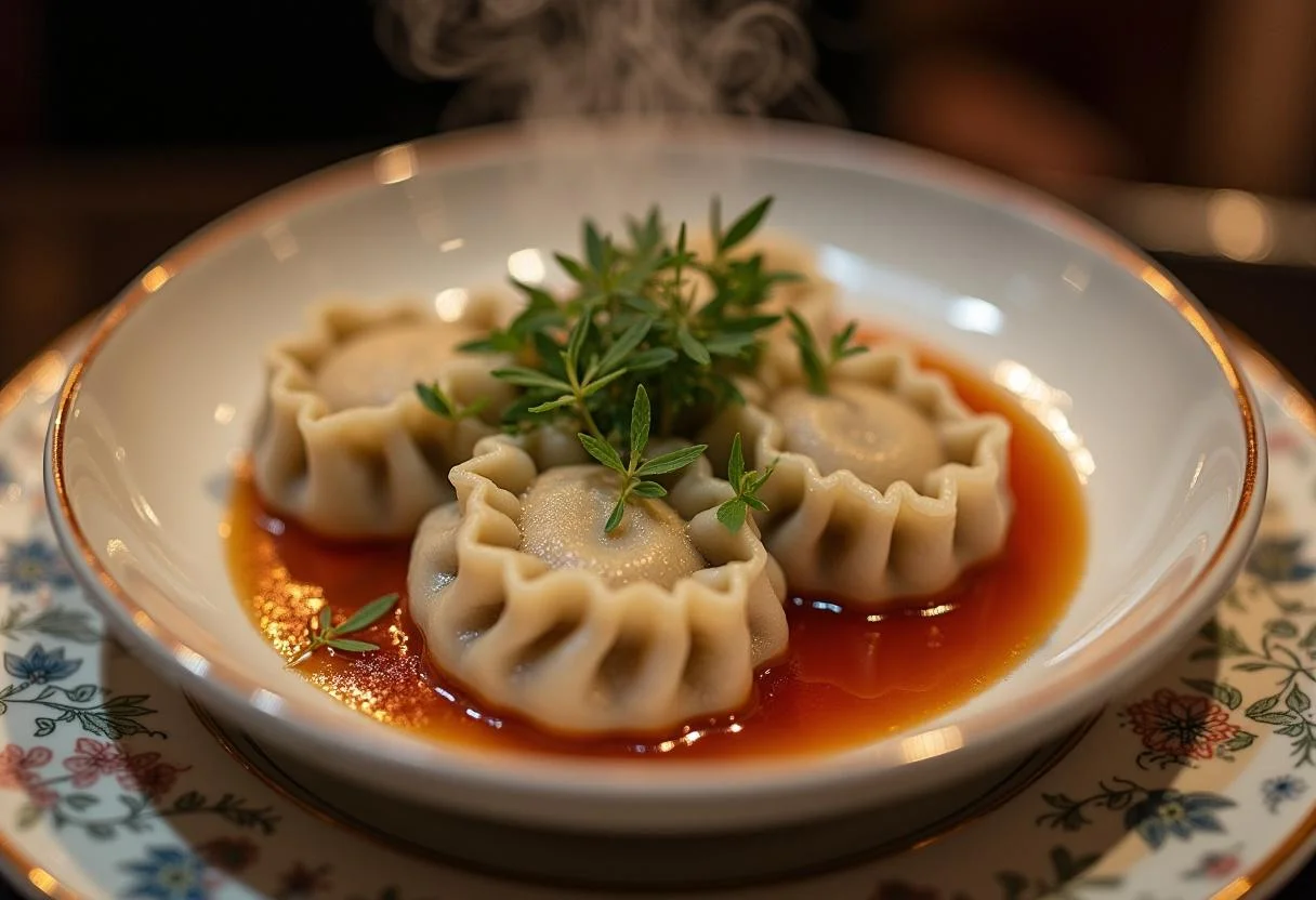 Delicious and steaming Sweeney Todd Johnny Depp's Demon Barber's Delightful Dumplings served on a plate, garnished with herbs.