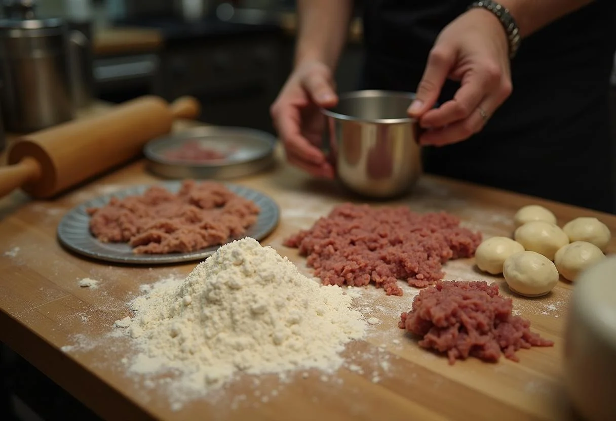 Gathering ingredients for Sweeney Todd Johnny Depp's Demon Barber's Delightful Dumplings, including flour and meat, on a wooden countertop.