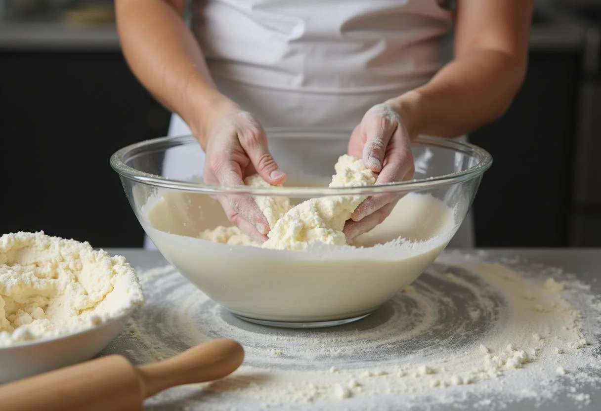 Mixing and kneading dough for Sweeney Todd Johnny Depp's Demon Barber's Delightful Dumplings with fresh ingredients on the countertop.