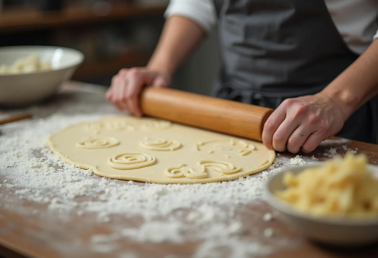 Rolling out dough for Sweeney Todd Johnny Depp's Demon Barber's Delightful Dumplings, shaping circular wrappers on a floured countertop.