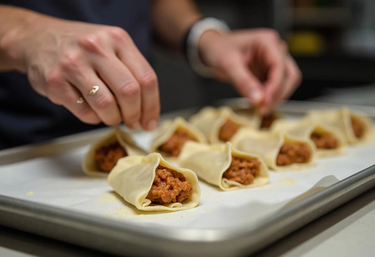 Filling dumpling wrappers for Sweeney Todd Johnny Depp's Demon Barber's Delightful Dumplings, showcasing intricate folding techniques.