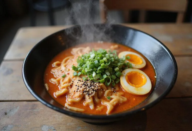 The final presentation of The Challengers Zendaya's Spicy Ramen, artfully arranged and ready to serve, highlighting its bold flavors.