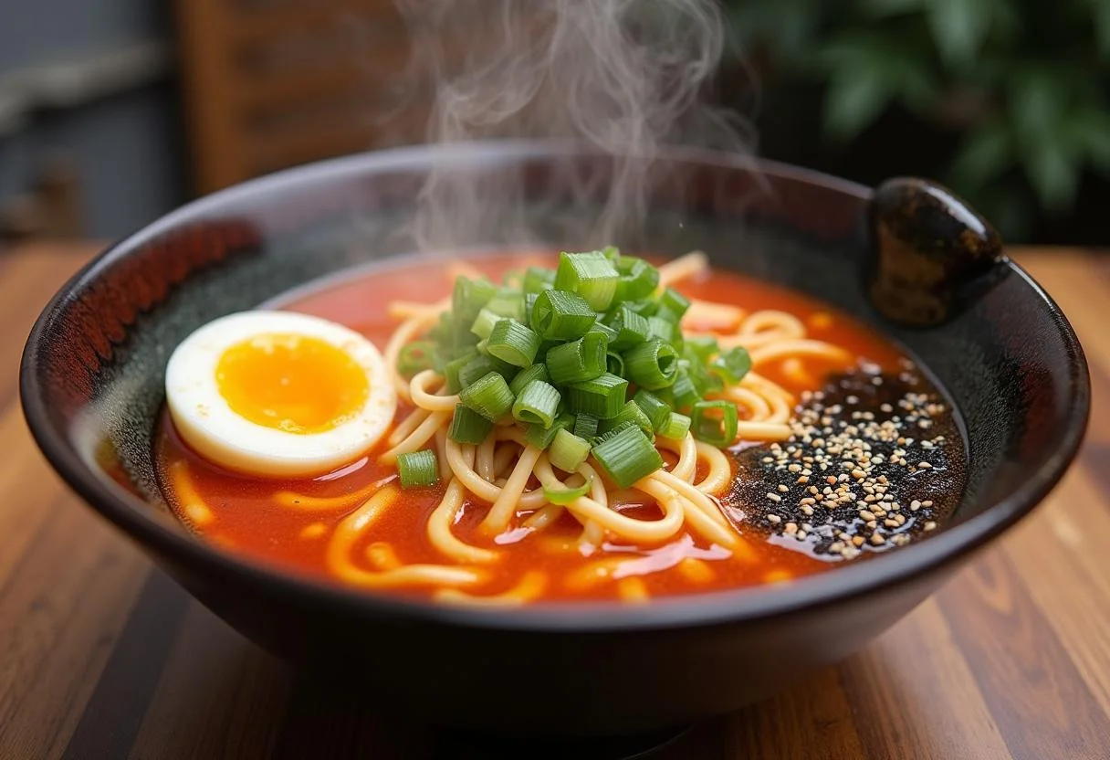 The final presentation of The Challengers Zendaya's Spicy Ramen, artfully arranged and ready to serve, highlighting its bold flavors.