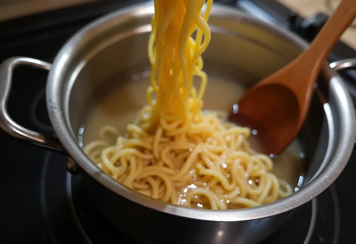 Cooking fresh ramen noodles for The Challengers Zendaya's Spicy Ramen, boiling them in a pot for perfect texture.