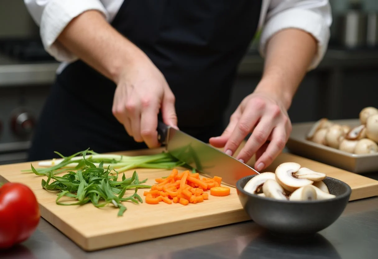 Preparing fresh vegetables for The Challengers Zendaya's Spicy Ramen, showcasing vibrant colors and textures.