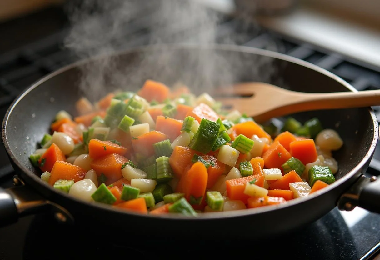Sautéing fresh vegetables for The Challengers Zendaya's Spicy Ramen, highlighting the cooking process and vibrant flavors.