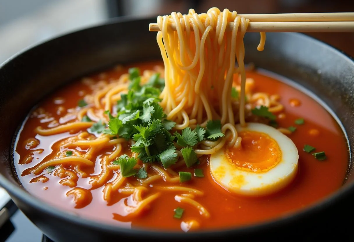 Combining ingredients to make The Challengers Zendaya's Spicy Ramen, showcasing the delicious broth and fresh components.