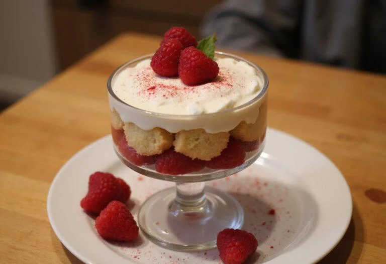 The finished product of The Chronicles of Narnia Lucy's cordial Raspberry Trifle, a stunning and delicious dessert ready to be enjoyed, perfect for any gathering.
