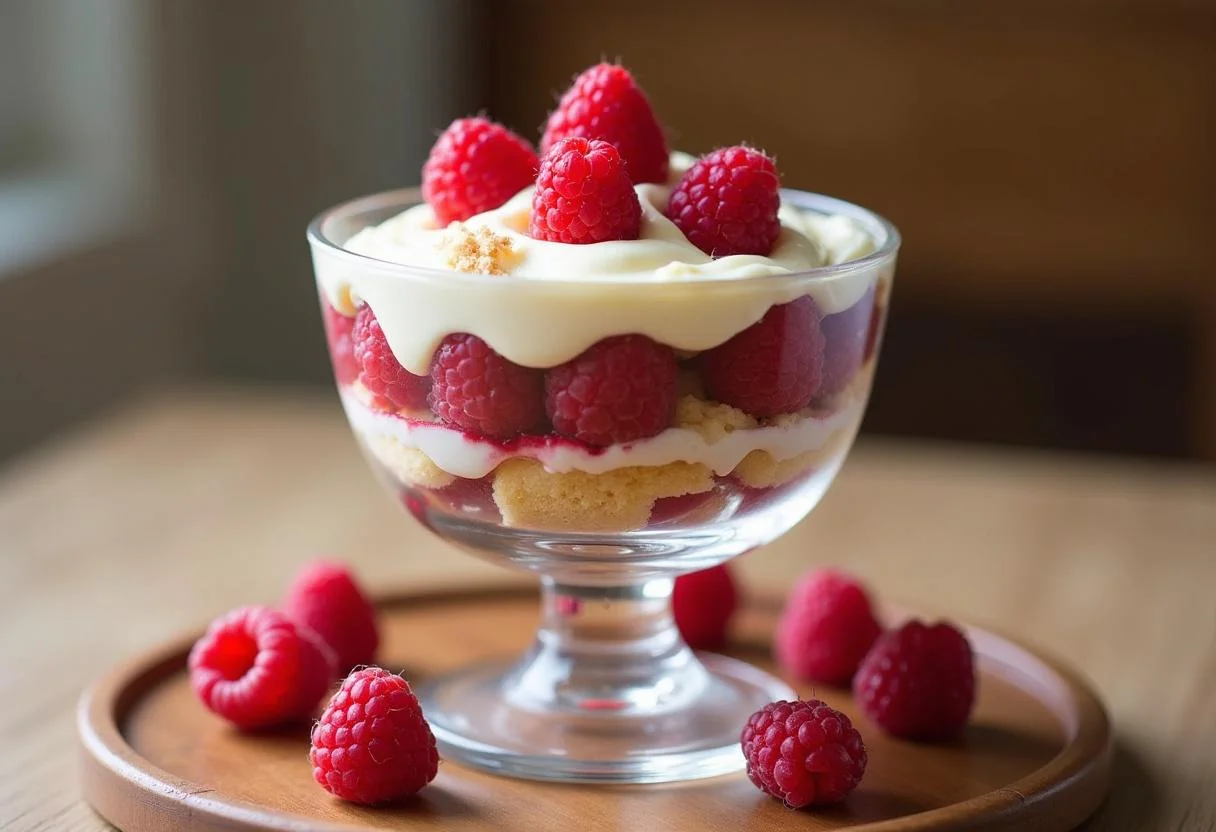 The finished product of The Chronicles of Narnia Lucy's cordial Raspberry Trifle, a stunning and delicious dessert ready to be enjoyed, perfect for any gathering.
