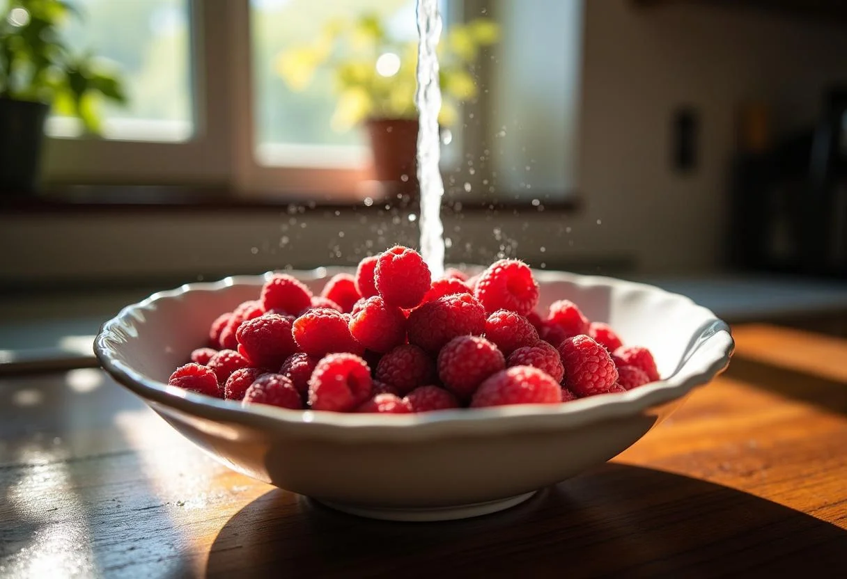 Fresh raspberries being washed for The Chronicles of Narnia Lucy's cordial Raspberry Trifle, showcasing the vibrant colors and ingredients of the recipe.