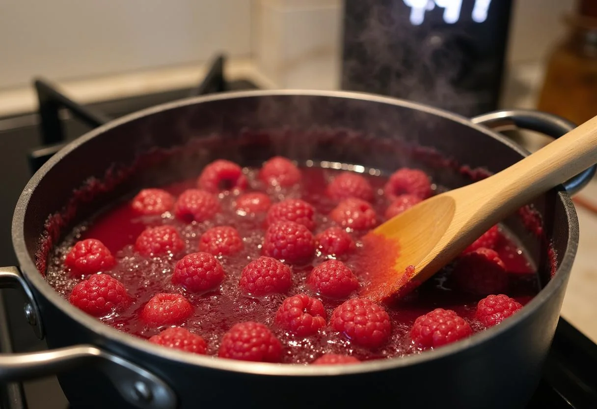 Preparing raspberry sauce for The Chronicles of Narnia Lucy's cordial Raspberry Trifle, highlighting the cooking process and the delicious aroma of simmering fruit.
