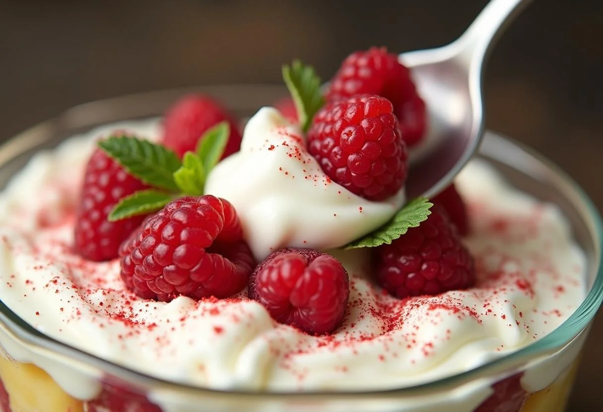 Finishing touches on The Chronicles of Narnia Lucy's cordial Raspberry Trifle, featuring whipped cream, fresh raspberries, and a touch of green for an elegant presentation.