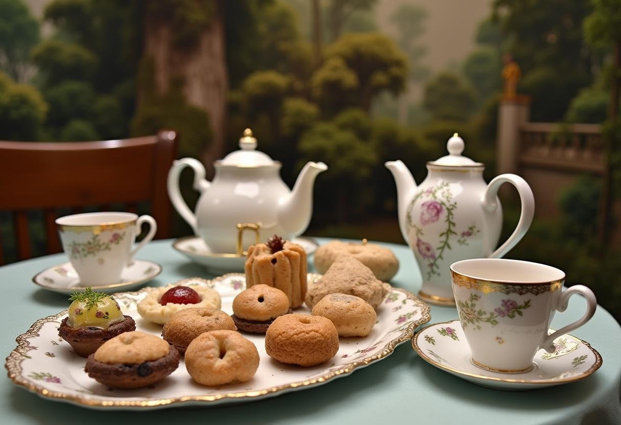 Final display of Mr. Tumnus' Tea Time Treats on a platter, accompanied by tea, in a whimsical setting inspired by the Chronicles of Narnia.